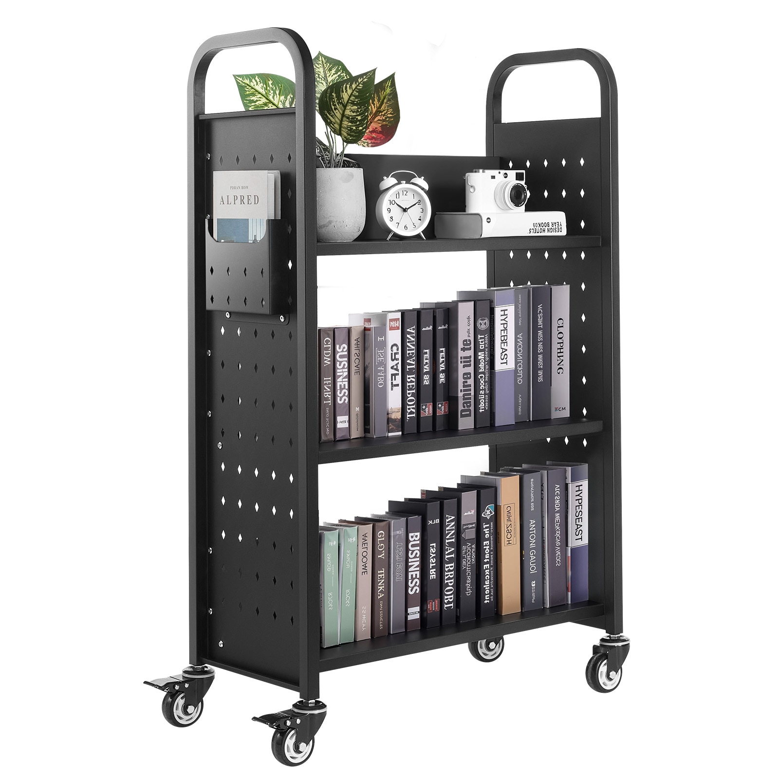 3-tier Rolling Book Cart With Single Sided Shelves In Black_voghion.com